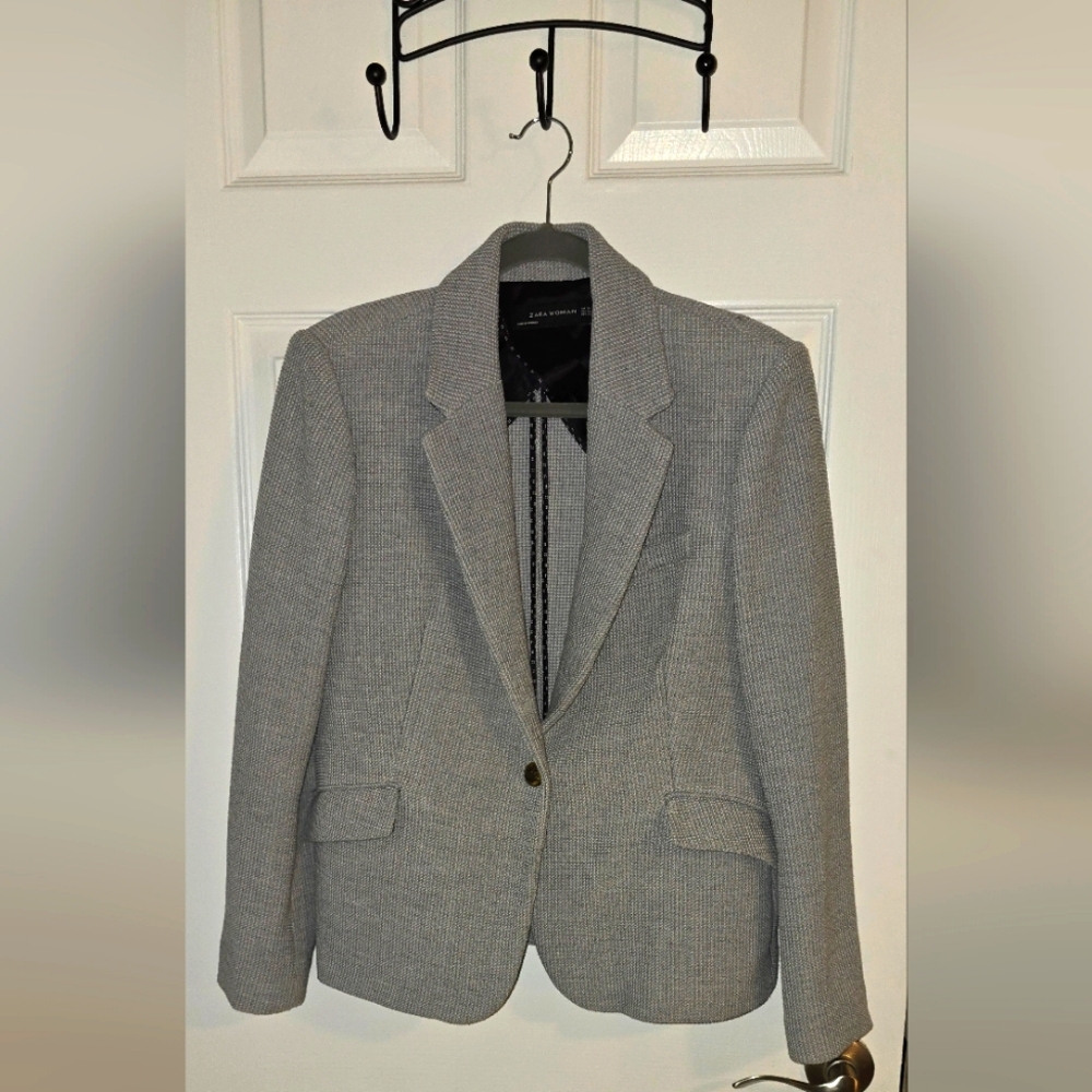 ZARA Gray Kate Blazer. Single Button Waffle Knit. Sz XL